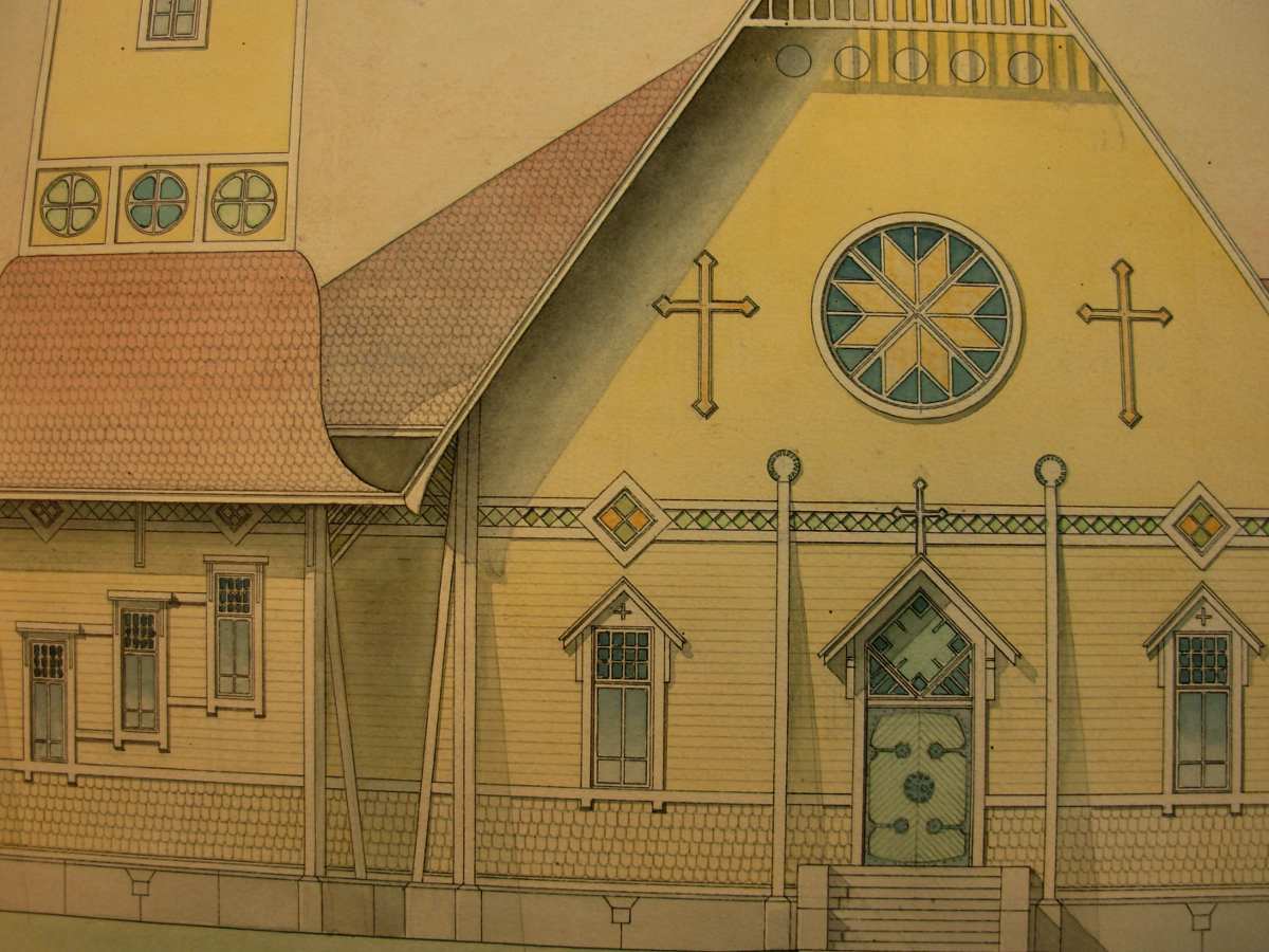 Arkkitehti Yrjö Blomstedtin piirtämän Äänekosken vanhan kirkon piirustus vuodelta 1903. Kirkko valmistui jouluksi 1907 ja se paloi tuhopoltossa käyttökelvottomaksi 1968.