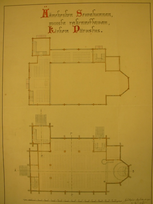 Arkkitehti Yrjö Blomstedtin piirtämän Äänekosken vanhan kirkon piirustus vuodelta 1903. Kirkko valmistui jouluksi 1907 ja se paloi tuhopoltossa käyttökelvottomaksi 1968.