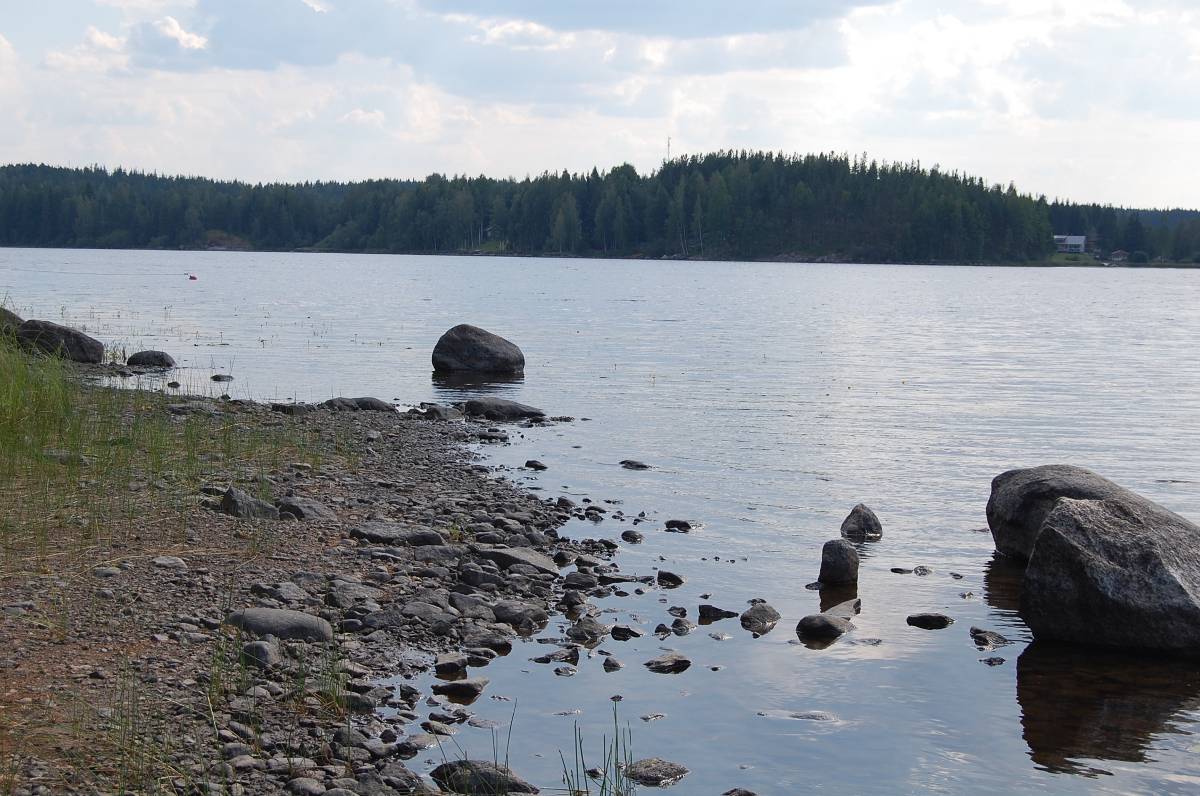 Nimismiehen ranta Piilolanniemessä. Paikalla oli uimaranta vielä 1960-luvun alussa. Myöhemmin Kuhnamo-järvi saastui pahoin ja uiminen alueella kiellettiin. Nykyisin järvi on puhdistunut niin hyvin, että aivan rantamaalle on tullut asutusta ja uiminenkin on taas mahdollista. Taustalla näkyy Salakan kalliot sekä Mykätin kukkula.