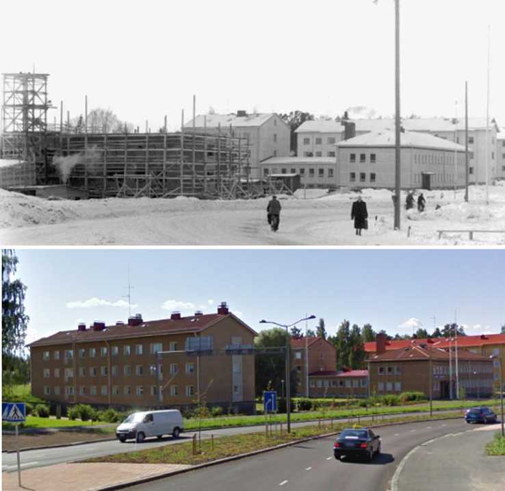 Talvella 1958-59 rakennettiin tehtaan insinöörien käyttöön kerrostaloa Kotakennääntien alkupäähän postin rakennusta vastapäätä. Talo tunnettiin myöhemmin kutsumanimellä Älylä. Älylän takana virastotalo ja Kotakennääntien kerrostaloja. Alempi kuva samasta paikasta kesällä 2009.