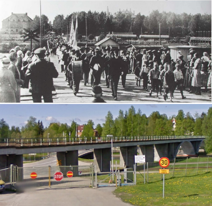 Vappumarssi Äänekosken ylittävällä Valkoisella sillalla joskus 1930-luvulla. Alempi kuva samasta paikasta toukokuussa 2009.