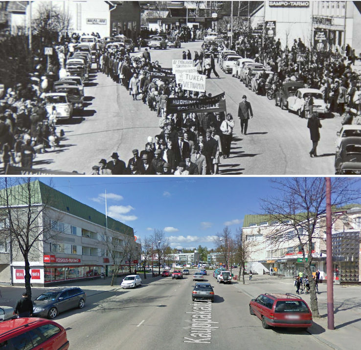 Vappumarssi Äänekoskella 1970-luvulla. Alempi kuva samasta paikasta toukokuussa 2009.