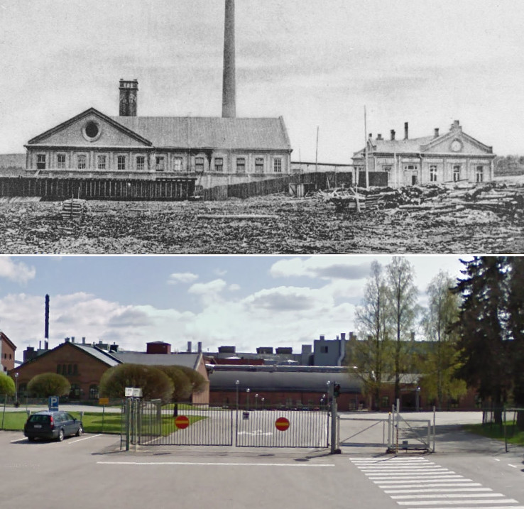 Ylempi kuva ajoittuu aivan 1900-luvun alkuun. Siinä nähdään vasemmalla vanhan kartonkitehtaan ja puuhiomon rakennus ja sen takana vanha voimalaitos savupiippuineen. Käsintehtyjen arkkien kuivaukseen käytetty kuivauskanaali on savupiipusta hieman vasemmalle. Kuvan oikeassa reunassa on Äänekoski Oy:n konttorirakennus. Alempi kuva samasta paikasta toukokuussa 2009.