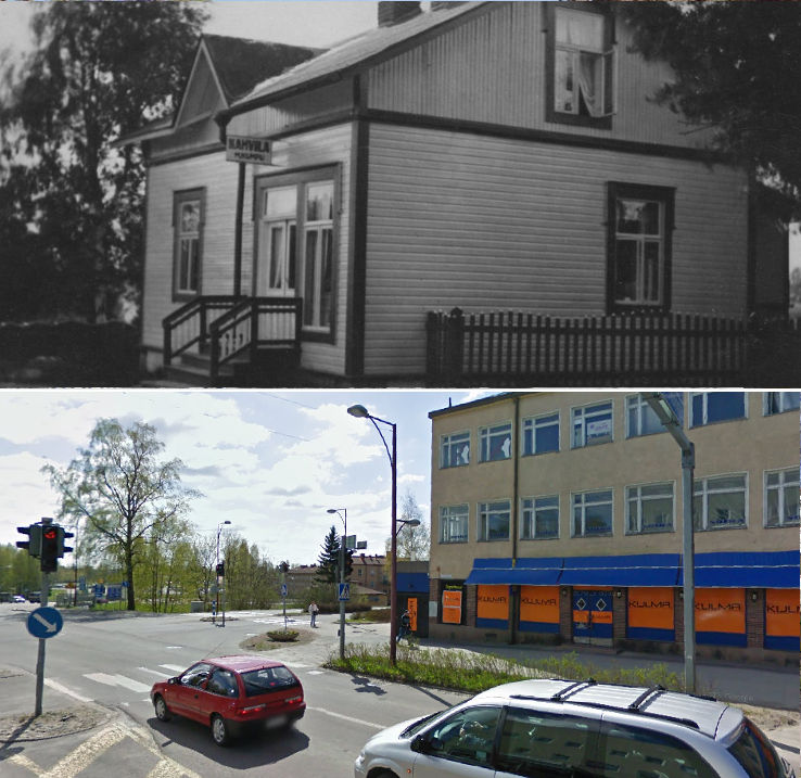 Kummun Maijan kahvila Äänekosken viiskulmassa 1930-luvulla. Alempi kuva samasta paikasta toukokuussa 2009.