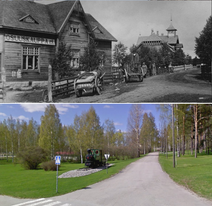 Äänekosken osuuskauppa avasi ovensa 1904. Toiminta oli aluksi vaatimatonta ja liikettä pidettiin tehtaanjohtaja Hammarenin luovuttamissa tiloissa lähellä nykyistä tehtaan paloasemaa. Myöhemmin Osuuskauppa sai oman liikehuoneiston Viiskulmasta. Osuuskaupan takana näkyy apteekkari Strandmanin rakennuttama apteekkirakennus. Alempi kuva samasta paikasta toukokuussa 2009.