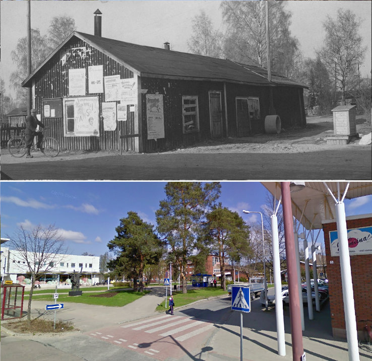 Seppä Salmelinin paja nykyisen kaupungintalon edustalla. Yhdet Äänekosken ensimmäisistä katuvaloista sijaitsivat Salmelinin pajan edustalla. Alempi kuva samasta paikasta toukokuussa 2009.
