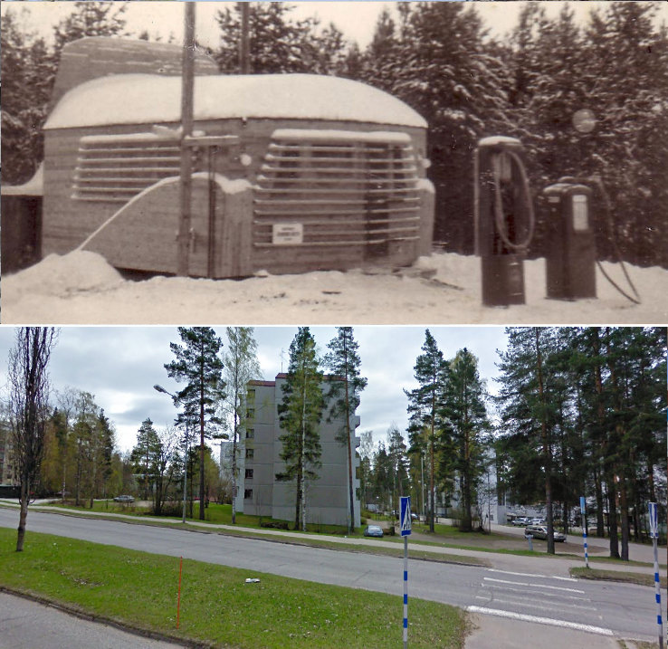 Kuorma-autokeskus aloitti toimintansa Hirven kiinteistössä. Autoilijoiden tukikohtaa ruvettiin nimittämään Kikkalaksi. Se aloitti toimintansa 1950-luvun alkupuolella. Yläkuvassa oleva rakennelma tehtiin Pukkimäelle melko tarkalleen Yhteistaloa vastapäätä. Siinä oli tasattu piha-alue, jossa oli kuorma-autojen tankkaus. Rakennuksesta tehtiin kuorma-auton keulan näköinen. Alempi kuva samasta paikasta toukokuussa 2009.