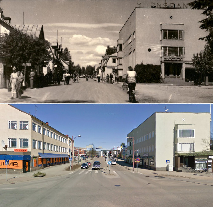 Ylemmässä kuvassa Viiskulmaa ja sen rakennuksia vuonna 1940. Yhdyspankin kivinen liikerakennus valmistui talvisodan alla 1939. Vasemmassa reunassa olevat puiset rakennukset, Kuutin kahvila ja myöhemmin Kummun kahvila ja osuuskaupan rakennus, purettiin vuonna 1952 uuden osuuskaupan kivirakennuksen alta. Alempi kuva samasta paikasta huhtikuussa 2009.