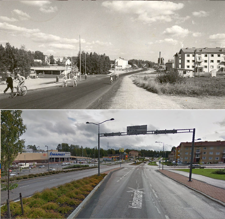 Ylemmässä kuvassa Äänekosken Kotakennääntietä entisen Matkahuollon lähettyviltä vuonna 1961. Paikkakunnan maamerkit happotorni ja vanhan voimalaitoksen savupiippu olivat tuolloin vielä pystyssä. Kuvassa keskellä oleva postitalo oli rakennettu 1952 ja oikeassa reunassa olevat kerrostalot myöskin 1950-luvun aikana. Hirven hotelli, linja-autojen huoltotilat ja tallit, jotka jäävät kuvan vasemman reunan taakse, valmistuivat 1939. Matkahuollon rakennus eli lättähattu purettiin uuden S-marketin tieltä keväällä 2008. Matkahuollon kohdalla oli ennen soinen ryteikkö, jonka kautta kulkivat pitkospuut Pukkimäeltä työväentalolle päin. Alue siistiytyi, kun kauppalan rautatiepysäkki ja linja-autoasema valmistuivat 1950-luvun puolivälissä. Alempi kuva samasta paikasta toukokuussa 2009.