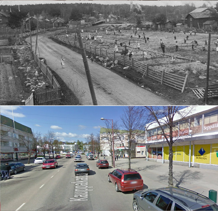 Äänekosken nykyistä keskusta-aluetta keväällä 1921. Kasvimaalla työskentelee Hiskinmäen koulun toinen luokka. Tien vasemmalla puolella Piilosen,Kolarin ja Lappalaisen talot sekä Siistosen leipomo ja jyvämakasiini. Oikealla puolella Rutapellon takana Lindströmin ja Tammelinin talot sekä vanha, vuonna 1907 valmistunut puukirkko, jonka suunnitteli Yrjö Blomstedt. Alempi kuva samasta paikasta toukokuussa 2009.