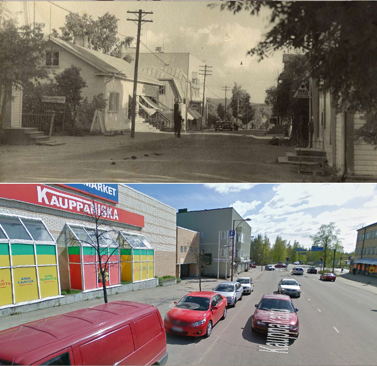 Kauppakatua Viiskulmaa kohti 1940-luvulla. Vasemmalla Lyytinen, Keskimaa, Keskus ja Yhdyspankki. Oikealla Väinö Ahosen portaat. Alempi kuva samasta paikasta toukokuussa 2009.