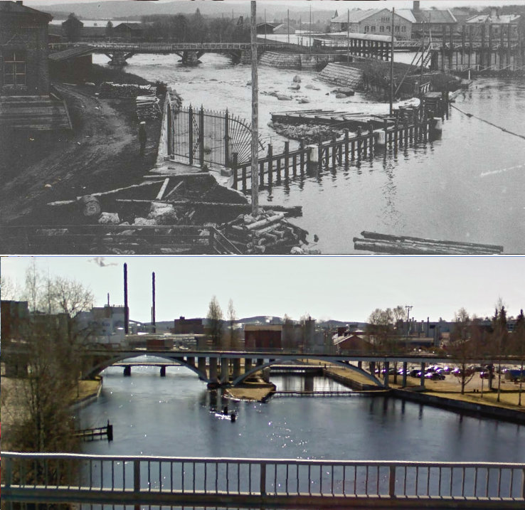 Näkymä Hiskinmäen sillalta etelän suuntaan 1920-luvun lopulla. Alempi kuva samasta paikasta toukokuussa 2009.
