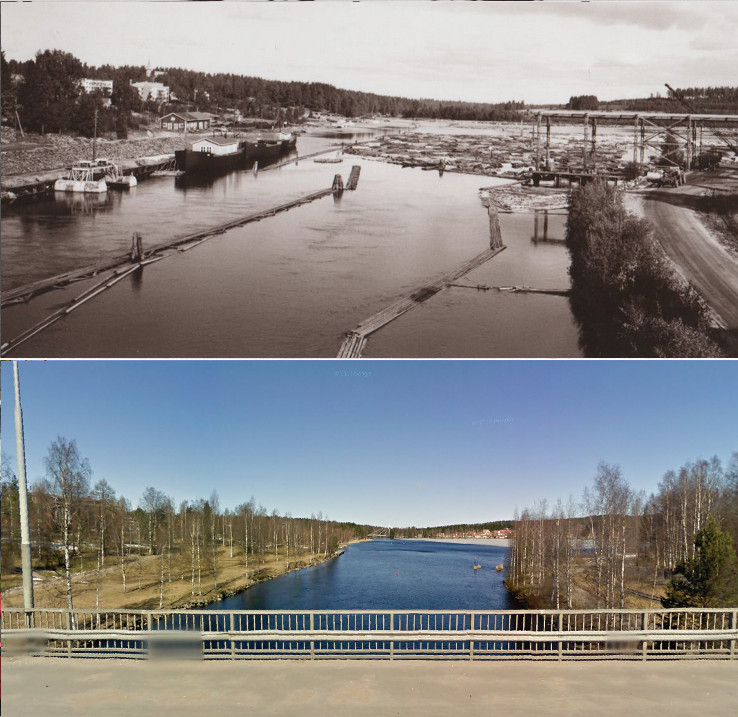 Näkymä Hiskinmäen sillalta pohjoisen suuntaan 1960-luvun tietämillä. Alempi kuva samasta paikasta toukokuussa 2009.