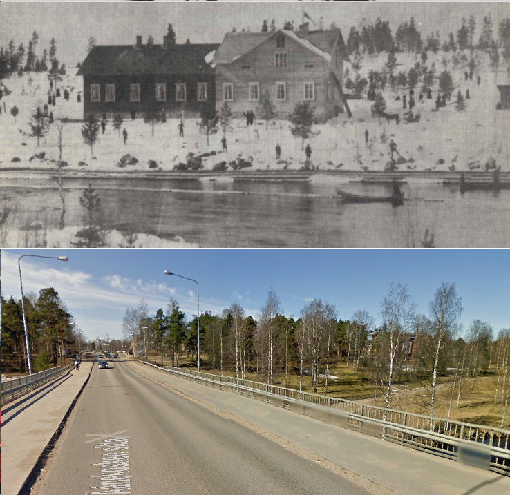 Keski-Suomen opiston lisäsiipi on juuri valmistunut. J.K. Paasikivi oli hämäläisosuuskunnan edustajana opiston vihkijäisissä. Kuvan takana on päivämäärä 1.5.1895, joten se lienee yksi vanhimmista Äänekoskella otetuista valokuvista. Alempi kuva samasta paikasta toukokuussa 2009.