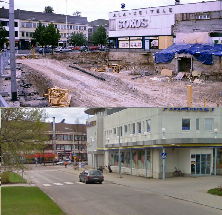 Vanhan S-marketin laajennustyömaata 1980-luvun tietämillä. Alempi kuva samasta paikasta toukokuussa 2009.
