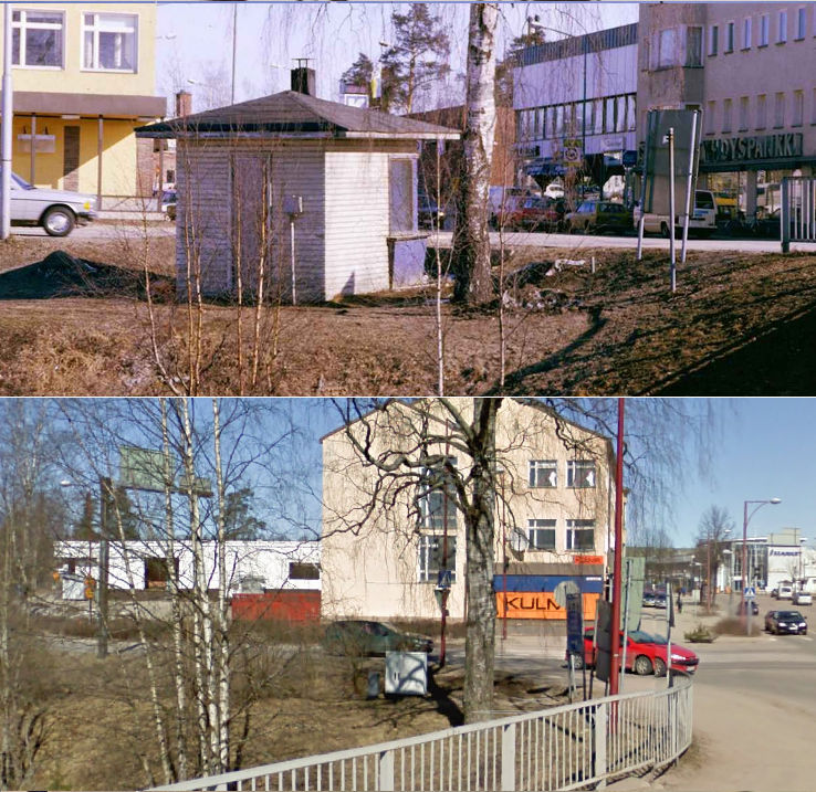 Viiskulman kioski ja Viiskulmaa 1970-luvun vaiheilta. Alempi kuva samasta paikasta toukokuussa 2009.