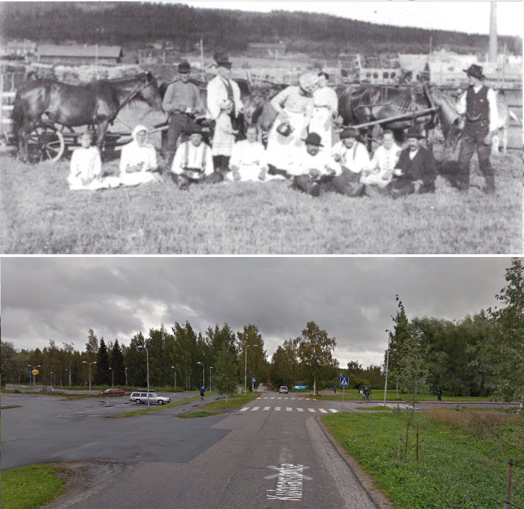 Topian väkeä heinäpellolla elokuussa 1909. Valkotakkinen mies keskellä on Frans Wahlman ja Topian emäntä Hanna Wahlman kaataa kahvia. Kuva on otettu nykyisen Lidlin tienoolta. Alempi kuva samasta paikasta heinäkuussa 2009.
