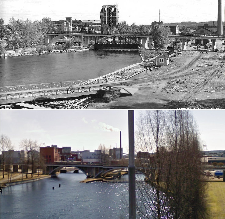 Ylemmässä ehkä 1950-luvulla oletussa kuvassa vanha koskiuoma on vielä rakentamatta ja lussit hallitsevat vesivoimalaitokselle vievää oikean puolesta kanavaa. Tukit uitettiin tuohon aikaan kuvassa näkyvää vanhaa tukkiränniä pitkin Keiteleestä Kuhnamoon. Taustalla näkyy selvästi sulfiittiselluloosatehtaan happotorni. Alempi kuva samasta paikasta keväällä 2009.