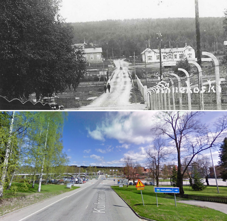 Ylemmässä 1920-luvulta olevassa kuvassa näkyy Äänekosken ylittävä Valkoinen silta. Se oli aikanaan ainoa koskiuoman ylittävä silta keskustaajamassa. Sen takana oikealla vanha rautatieasema ja vasemmalla Hiskinmäen asutusaluetta. Silloisen tehdasalueen pohjoisraja näkyy hyvin verkkoaidasta. Alempi kuva suunnilleen samasta paikasta keväällä 2009.