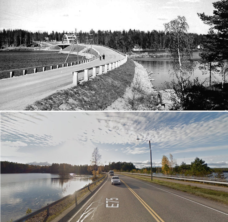 Kuhnamon ja Mämmen lossit aloittivat toimintansa vuonna 1904. Nykyistä 4-tietä edeltävän maantien koko liikenne kulki aluksi niiden kautta. Liikenteen lisääntyessä lossit muodostuivat pahaksi pullonkaulaksi. Kotakennään salmeen saatiin Kuhnamon lossia korvaava silta vuonna 1931. Mämmen lossi korvattiin 1950-luvun alussa 4-tien parantamisen yhteydessä rakennetulla Mämmensalmen sillalla. Ylempi kuva Mämmensalmen sillasta ehkä 1950-luvun loppupuolelta ja alempi suunnilleen samasta paikasta syksyltä 2009. Nykyinen Mämmensalmen silta on paikalla järjestyksessä jo toinen.