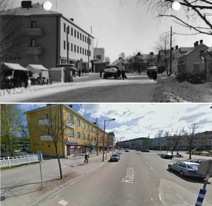 Äänekosken keskustaa entisen KOP:n ja nykyisen Meritan talon tienoolta. Ylempi kuva 1950-luvun loppupuolelta ja alempi keväältä 2009. Ylemmässä kuvassa torimyyjien kojuja hauskassa paikassa.