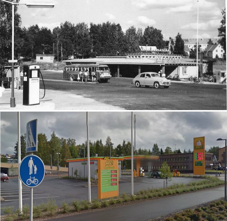 Äänekosken entinen matkahuolto valmistui vuonna 1954. Ylempi kuva rakennuksesta 1950-luvun lopusta ja alempi syksyltä 2011. Vanhan matkahuollon kohdalla oli ennen Kotisuoksi kutsuttu kosteikko. Sen yli Pukkimäeltä työväentalolle pääsi vain pitkospuita pitkin.
