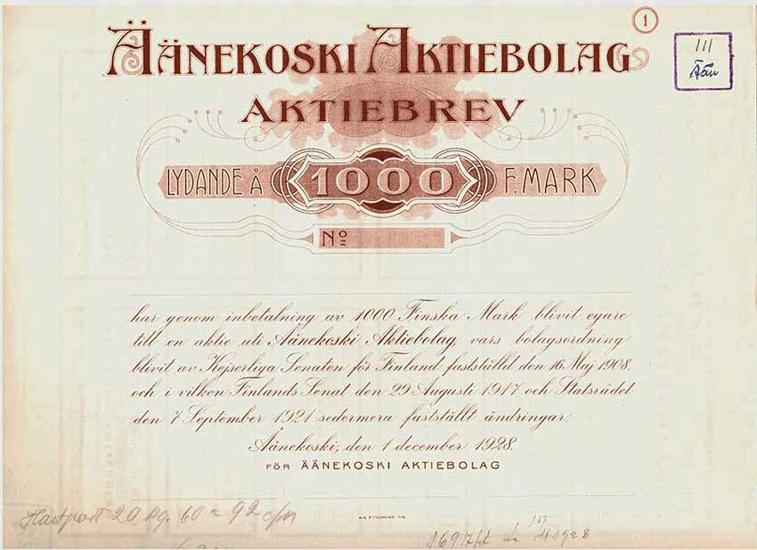 Äänekoski Aktiebolag osakekirja vuodelta 1928.
