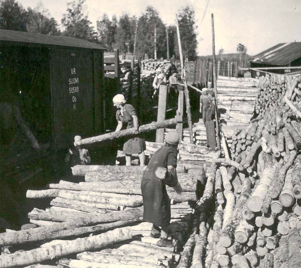 Keitelettä pitkin Suolahden satamaan tulleiden tukkien lastaus junavaunuihin 1940-luvulla tapahtui paljolti naistyövoimalla.