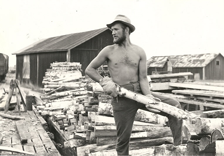 Valto Laitinen halkojen lastauksessa Suolahden satamassa.