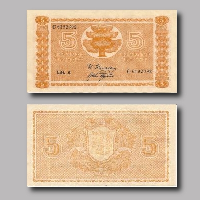 Viisimarkkaa vuodelta 1945.