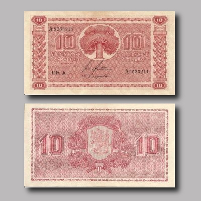 Kymmenen markkaa vuodelta 1945.