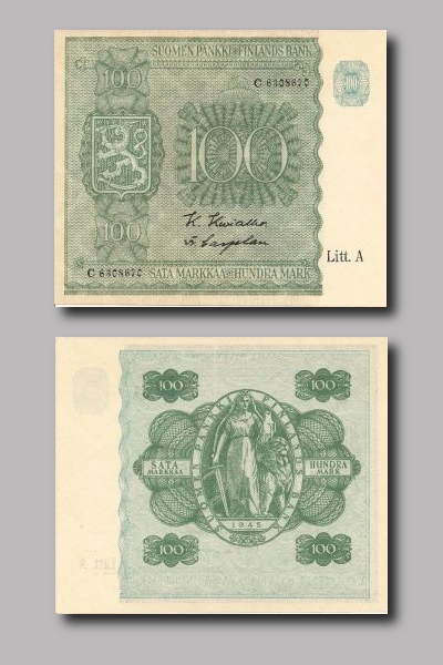 Sata markkaa vuodelta 1945.