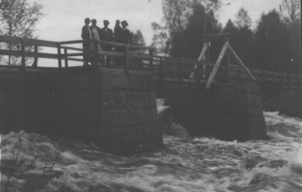 Ihmisiä Hietamankosken riippusillalla.