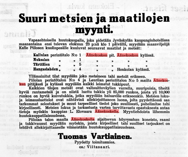Kansalliskirjaston digitoidut aineistot, 14.08.1920, Keskisuomalainen no 183: Kalle Piilosen kuolinpesän huutokauppailmoitus. Kalle Kustaa Piilonen syntyi Laukaan Äänekosken Piilolassa 25.12.1844  Mämmen talon nuorimman tyttären Anna Kauton ja Piilolan talon Juho Piilosen perheeseen. Hän kuoli 75-vuotiaana Piilolan talossa 8.7.1919.