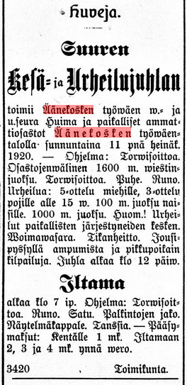 Kansalliskirjaston digitoidut aineistot, 05.07.1920 Työn Voima no 143.