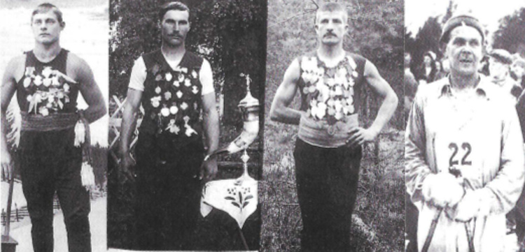 Vanhoja urheilasankareita Äänekoskelta: vasemmalta Valpas Nyholm, Otto Kangasniemi, Erland Ritanen ja Elis Salmelin.