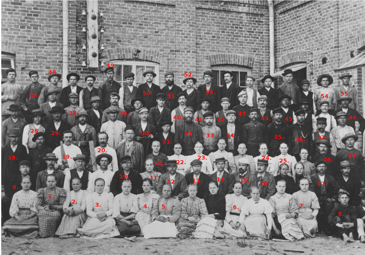 Äänekosken tehtaiden sisätyöntekijät vuonna 1899: 1) Mari Ahlstén, 2) "Enson Maija”, 3) Maria Virtanen, 4) Ida Sipponen, 5) Alma Rautiainen, 6) Linnea Paatelainen, 7) Saima Wacklin, 8) Vihtori Peura, 9) Emil Noronen, 10) Valentin Peltonen, 11) Tilda Rahkonen, 12) August Huikarinen, 13) Kaarlo Friberg 14) August Laaksonen, 15) Oskari Ahti, 16) Kaarlo Huttunen, 17) Perttu Koskinen, 18) Albert Olin, 19) Oskar Kautto, 20) Frans Hildén, 21) Maria Hamari, 22) Elmiina Varpasaho, 23) Mariana Klar, 24) Karoliina Ränssi, 25) Liida Ruosteinen, 26) Verner Oksanen, 27) Vihtori Puttonen, 28) Osk. Tapperi, 29) Helin (kirvesmies ja mylläri), 30) Kaarlo Virtanen, 31) Paavo Sirkka, 32) Edvard Ahlsten, 33) Oskari Ax, 34) Erland Virtanen, 35) Viitanen (holanterimies), 36) Abel Raatikainen, 37) Otto Peura, 38) Aug. Nieminen, 39) Ville Karjalainen, 40) Kalle Anderson, 41) Matti Kinnunen, 42) Oskari Trygg, 43) Jaakko Tapio, 44) 44 Erik Hamari, 45) Juho Leppänen, 46) jaakko Vuorenmaa, 47) Fridolf Rautjärvi, 48) Bernhard Korhonen, 49) Aleksander Hautalainen, 50) Volmari Rahkonen, 51) Vihtori Viitanen, 52) Kalle Enroos, 53) Elis Nieminen, 54) Sakari Karjalainen ja 55) Jussi Kinnunen.